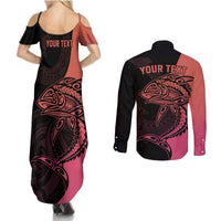 Personalised Polynesia Fishing Couples Matching Summer Maxi Dress and Long Sleeve Button Shirts With Maori Hei Matau Fish Hook Pink Art LT9 - Polynesian Pride