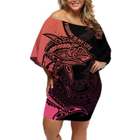 personalised-polynesia-fishing-family-matching-off-shoulder-short-dress-and-hawaiian-shirt-with-maori-hei-matau-fish-hook-pink-art