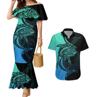 Personalised Polynesia Fishing Couples Matching Mermaid Dress and Hawaiian Shirt With Maori Hei Matau Fish Hook Turquoise Art LT9 Turquoise - Polynesian Pride