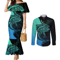 Personalised Polynesia Fishing Couples Matching Mermaid Dress and Long Sleeve Button Shirts With Maori Hei Matau Fish Hook Turquoise Art LT9 Turquoise - Polynesian Pride