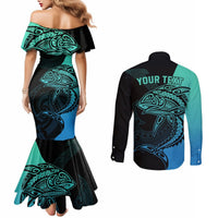 Personalised Polynesia Fishing Couples Matching Mermaid Dress and Long Sleeve Button Shirts With Maori Hei Matau Fish Hook Turquoise Art LT9 - Polynesian Pride