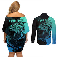 Personalised Polynesia Fishing Couples Matching Off Shoulder Short Dress and Long Sleeve Button Shirts With Maori Hei Matau Fish Hook Turquoise Art LT9 - Polynesian Pride