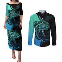 Personalised Polynesia Fishing Couples Matching Puletasi Dress and Long Sleeve Button Shirts With Maori Hei Matau Fish Hook Turquoise Art LT9 Turquoise - Polynesian Pride