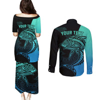 Personalised Polynesia Fishing Couples Matching Puletasi Dress and Long Sleeve Button Shirts With Maori Hei Matau Fish Hook Turquoise Art LT9 - Polynesian Pride