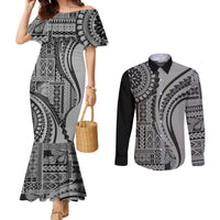 Samoa Siapo Arty Couples Matching Mermaid Dress and Long Sleeve Button Shirt Black Style LT9 Black - Polynesian Pride