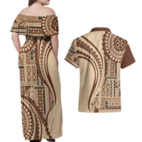 Samoa Siapo Arty Couples Matching Off Shoulder Maxi Dress and Hawaiian Shirt Brown Style LT9 - Polynesian Pride