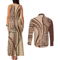 Samoa Siapo Arty Couples Matching Tank Maxi Dress and Long Sleeve Button Shirt Brown Style LT9 - Polynesian Pride