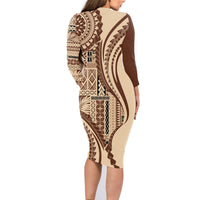 Samoa Siapo Arty Family Matching Long Sleeve Bodycon Dress and Hawaiian Shirt Brown Style LT9 - Polynesian Pride