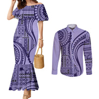 Samoa Siapo Arty Couples Matching Mermaid Dress and Long Sleeve Button Shirt Purple Style LT9 Purple - Polynesian Pride