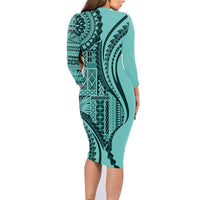 Samoa Siapo Arty Family Matching Long Sleeve Bodycon Dress and Hawaiian Shirt Turquoise Style LT9 - Polynesian Pride