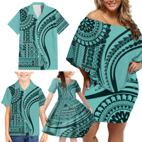 Samoa Siapo Arty Family Matching Off Shoulder Short Dress and Hawaiian Shirt Turquoise Style LT9 - Polynesian Pride