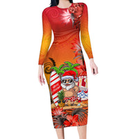 Personalised Wishes in Tahitian Christmas Family Matching Long Sleeve Bodycon Dress and Hawaiian Shirt French Polynesia Santa Beach LT9 Mom's Dress Red - Polynesian Pride