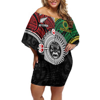 Aotearoa and Cook Islands Mo Te Tiriti Family Matching Off Shoulder Short Dress and Hawaiian Shirt New Zealand Honour The Treaty Ake!Ake!Ake!