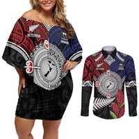 Aotearoa and Samoa Mo Te Tiriti Couples Matching Off Shoulder Short Dress and Long Sleeve Button Shirt Tangata Moana Stand with Tangata Whenua