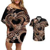 Polynesia Valentines Day Forever In My Heart Tattoo Couples Matching Off Shoulder Short Dress and Hawaiian Shirt Gold Style LT9 Gold - Polynesian Pride