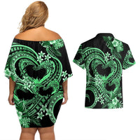 Polynesia Valentines Day Forever In My Heart Tattoo Couples Matching Off Shoulder Short Dress and Hawaiian Shirt Green Style LT9 - Polynesian Pride