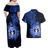 Northern Mariana Islands Ylang-ylang Mwarmwar Couples Matching Off Shoulder Maxi Dress and Hawaiian Shirt Polynesian Blue Style LT9 - Polynesian Pride