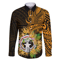 Northern Mariana Islands Ylang-ylang Mwarmwar Family Matching Off Shoulder Maxi Dress and Hawaiian Shirt Polynesian Gold Style LT9 Dad's Shirt - Long Sleeve Gold - Polynesian Pride