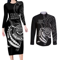 Personalised FSM Culture Day Couples Matching Long Sleeve Bodycon Dress and Long Sleeve Button Shirt Hammerhead Shark Tribal 2024 LT9 Black - Polynesian Pride