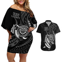 Personalised FSM Culture Day Couples Matching Off Shoulder Short Dress and Hawaiian Shirt Hammerhead Shark Tribal 2024 LT9 Black - Polynesian Pride