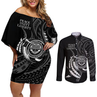 Personalised FSM Culture Day Couples Matching Off Shoulder Short Dress and Long Sleeve Button Shirt Hammerhead Shark Tribal 2024 LT9 Black - Polynesian Pride
