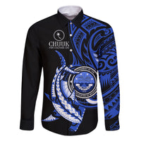 Personalised Chuuk FSM Culture Day Family Matching Long Sleeve Bodycon Dress and Hawaiian Shirt Hammerhead Shark Tattoo 2024 LT9 Dad's Shirt - Long Sleeve Blue - Polynesian Pride