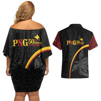 Papua New Guinea 50th Independence Day Couples Matching Off Shoulder Short Dress and Hawaiian Shirt Simple Oro Tapa Pattern - Polynesian Pride