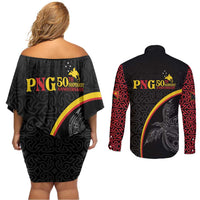 Papua New Guinea 50th Independence Day Couples Matching Off Shoulder Short Dress and Long Sleeve Button Shirt Simple Oro Tapa Pattern - Polynesian Pride