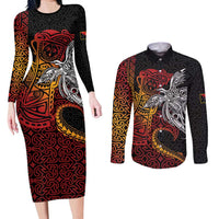 Papua New Guinea Sepik Personalised Couples Matching Long Sleeve Bodycon Dress and Long Sleeve Button Shirt PNG Bird of Paradise Tattoo - Polynesian Pride