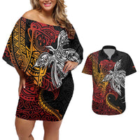 Papua New Guinea Sepik Personalised Couples Matching Off Shoulder Short Dress and Hawaiian Shirt PNG Bird of Paradise Tattoo - Polynesian Pride