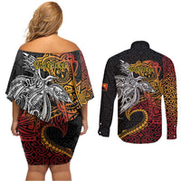 Papua New Guinea Sepik Personalised Couples Matching Off Shoulder Short Dress and Long Sleeve Button Shirt PNG Bird of Paradise Tattoo - Polynesian Pride