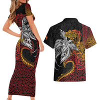Papua New Guinea Sepik Personalised Couples Matching Short Sleeve Bodycon Dress and Hawaiian Shirt PNG Bird of Paradise Tattoo - Polynesian Pride