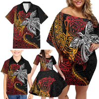 Papua New Guinea Sepik Personalised Family Matching Off Shoulder Short Dress and Hawaiian Shirt PNG Bird of Paradise Tattoo - Polynesian Pride