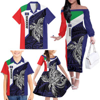 Personalised PNG Bougainville Family Matching Off The Shoulder Long Sleeve Dress and Hawaiian Shirt Bird of Paradise Tattoo Flag Motif - Polynesian Pride
