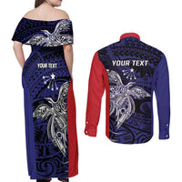 Personalised PNG Central Province Couples Matching Off Shoulder Maxi Dress and Long Sleeve Button Shirt Bird of Paradise Tattoo Flag Motif - Polynesian Pride