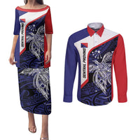 Personalised PNG Central Province Couples Matching Puletasi and Long Sleeve Button Shirt Bird of Paradise Tattoo Flag Motif - Polynesian Pride