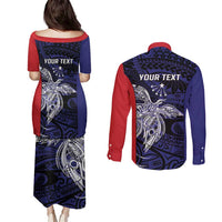 Personalised PNG Central Province Couples Matching Puletasi and Long Sleeve Button Shirt Bird of Paradise Tattoo Flag Motif - Polynesian Pride