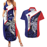 Personalised PNG Central Province Couples Matching Summer Maxi Dress and Hawaiian Shirt Bird of Paradise Tattoo Flag Motif - Polynesian Pride