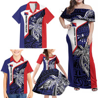 Personalised PNG Central Province Family Matching Off Shoulder Maxi Dress and Hawaiian Shirt Bird of Paradise Tattoo Flag Motif - Polynesian Pride