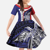 Personalised PNG Central Province Kid Short Sleeve Dress Bird of Paradise Tattoo Flag Motif - Polynesian Pride