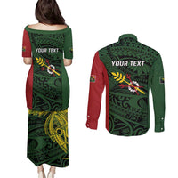 Personalised PNG Chimbu Province Couples Matching Puletasi and Long Sleeve Button Shirt Bird of Paradise Tattoo Flag Motif - Polynesian Pride