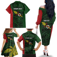 Personalised PNG Chimbu Province Family Matching Off The Shoulder Long Sleeve Dress and Hawaiian Shirt Bird of Paradise Tattoo Flag Motif - Polynesian Pride