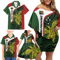 Personalised PNG Chimbu Province Family Matching Off Shoulder Short Dress and Hawaiian Shirt Bird of Paradise Tattoo Flag Motif - Polynesian Pride
