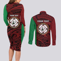 Personalised PNG East New Britain Province Couples Matching Long Sleeve Bodycon Dress and Long Sleeve Button Shirt Bird of Paradise Tattoo Flag Motif - Polynesian Pride