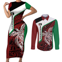 Personalised PNG East New Britain Province Couples Matching Short Sleeve Bodycon Dress and Long Sleeve Button Shirt Bird of Paradise Tattoo Flag Motif - Polynesian Pride