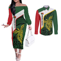 Personalised PNG East Sepik Province Couples Matching Off The Shoulder Long Sleeve Dress and Long Sleeve Button Shirt Bird of Paradise Tattoo Flag Motif - Polynesian Pride