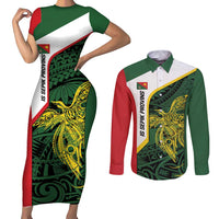 Personalised PNG East Sepik Province Couples Matching Short Sleeve Bodycon Dress and Long Sleeve Button Shirt Bird of Paradise Tattoo Flag Motif - Polynesian Pride