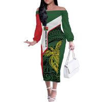Personalised PNG East Sepik Province Off The Shoulder Long Sleeve Dress Bird of Paradise Tattoo Flag Motif - Polynesian Pride