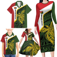 Personalised PNG Eastern Highlands Family Matching Long Sleeve Bodycon Dress and Hawaiian Shirt Bird of Paradise Tattoo Flag Motif - Polynesian Pride