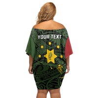 Personalised PNG Eastern Highlands Family Matching Off Shoulder Short Dress and Hawaiian Shirt Bird of Paradise Tattoo Flag Motif - Polynesian Pride